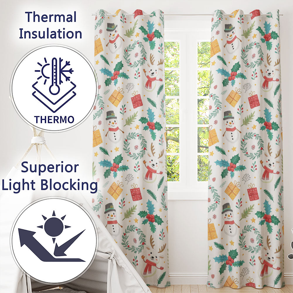 Christmas Plaid Snowman Reindeer Festive Seamless Readymade Eyelet Ring Top Thermal 100% Blackout Curtains