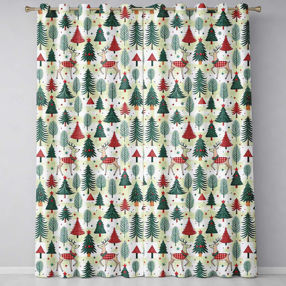 Christmas Reindeer Pine Tree Scandinavian Festive Seamless Readymade Eyelet Ring Top Thermal 100% Blackout Curtains
