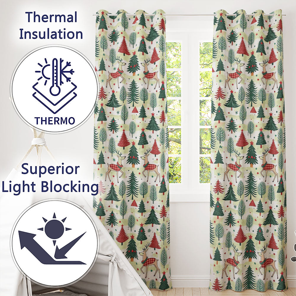 Christmas Reindeer Pine Tree Scandinavian Festive Seamless Readymade Eyelet Ring Top Thermal 100% Blackout Curtains