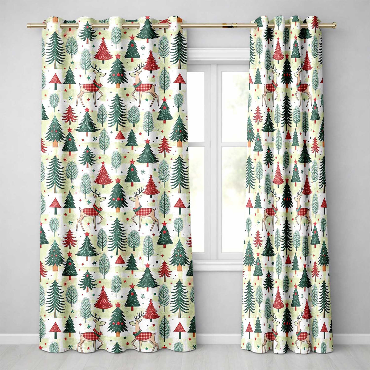 Christmas Reindeer Pine Tree Scandinavian Festive Seamless Readymade Eyelet Ring Top Thermal 100% Blackout Curtains