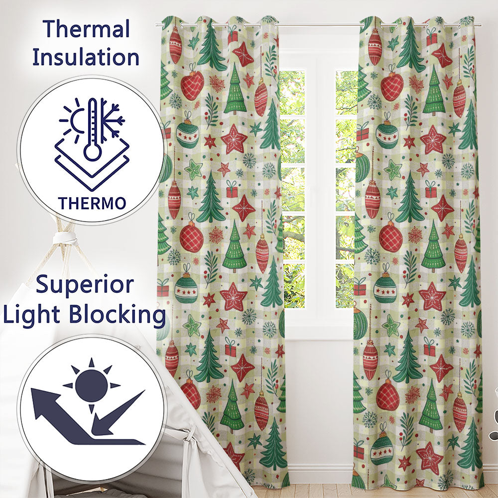 Christmas Ornaments Trees Snowflakes Checkered Festive Seamless Readymade Eyelet Ring Top Thermal 100% Blackout Curtains