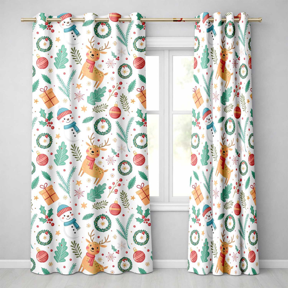 Snowman Reindeer Wreath Winter Christmas Seamless Readymade Eyelet Ring Top Thermal 100% Blackout Curtains