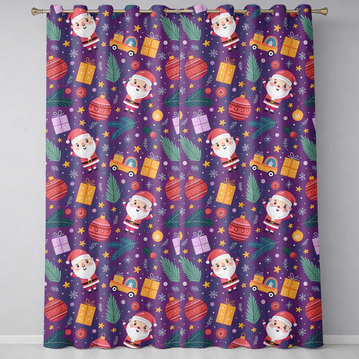 Santa Sleigh Gifts Purple Christmas Festive Seamless Readymade Eyelet Ring Top Thermal 100% Blackout Curtains