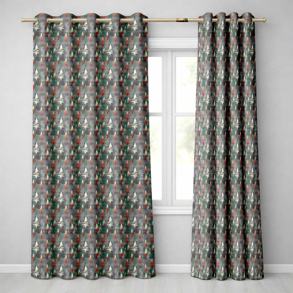 Abstract Watercolor Christmas Trees Green Artistic Seamless Readymade Eyelet Ring Top Thermal 100% Blackout Curtains