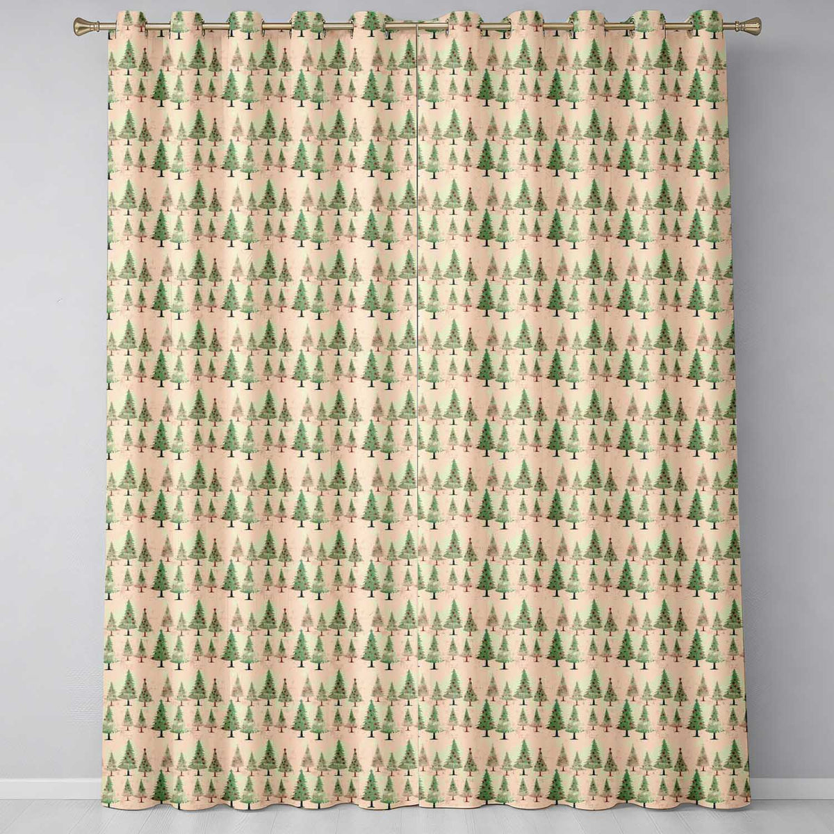 Vintage Christmas Tree Rustic Beige Seamless Readymade Eyelet Ring Top Thermal 100% Blackout Curtains