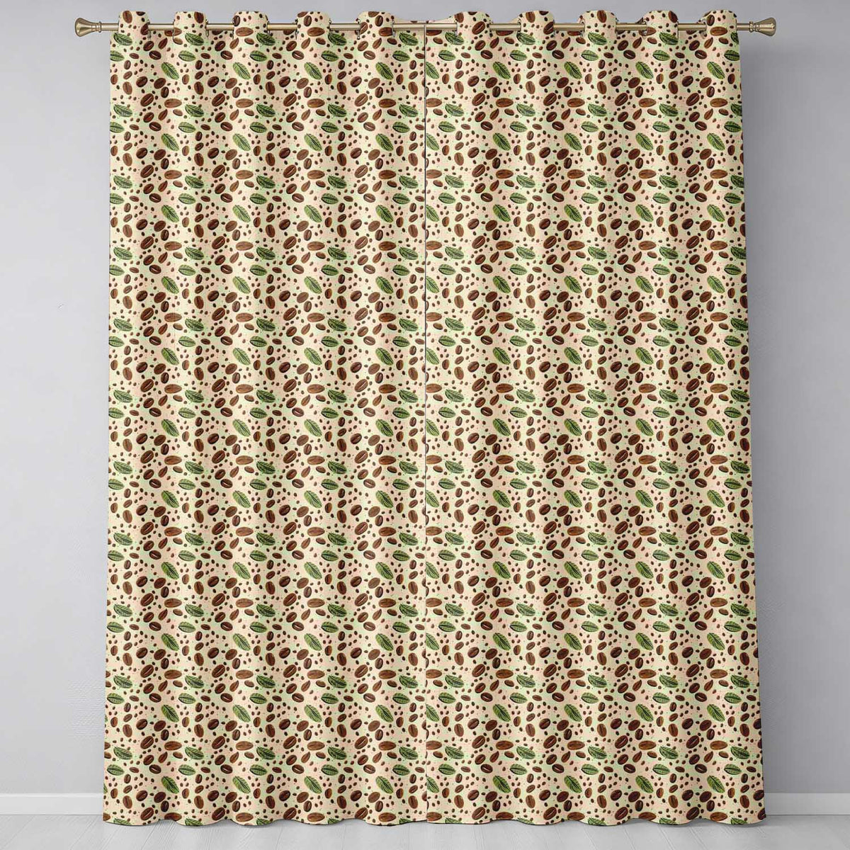 Coffee Plant Beans and Green Leaves Seamless Readymade Eyelet Ring Top Thermal 100% Blackout Curtains