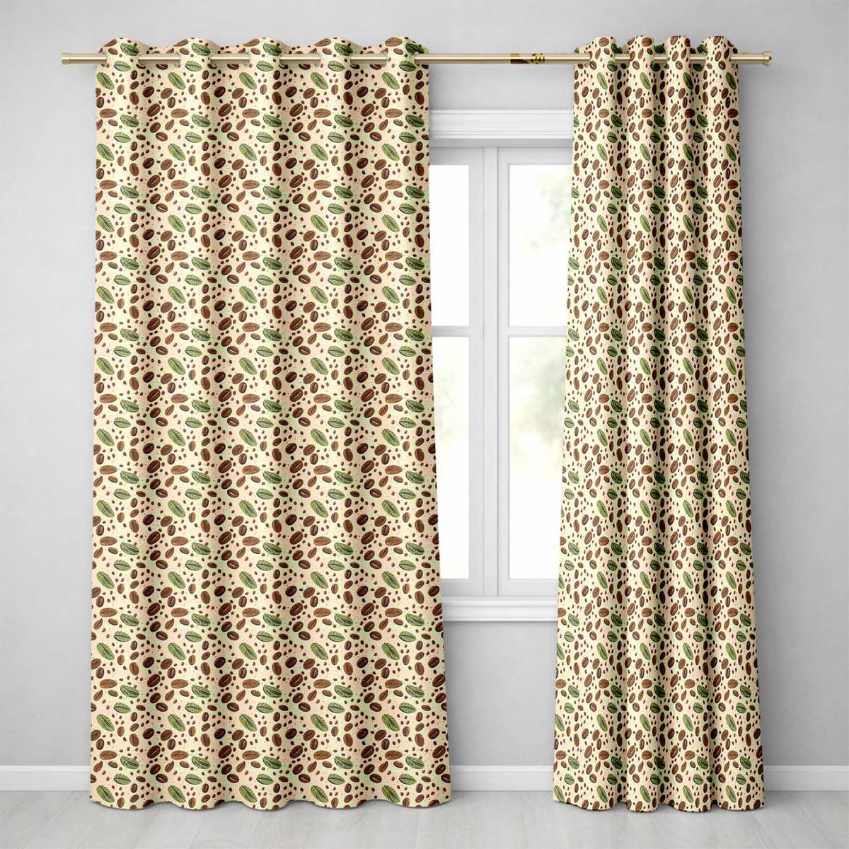 Coffee Plant Beans and Green Leaves Seamless Readymade Eyelet Ring Top Thermal 100% Blackout Curtains