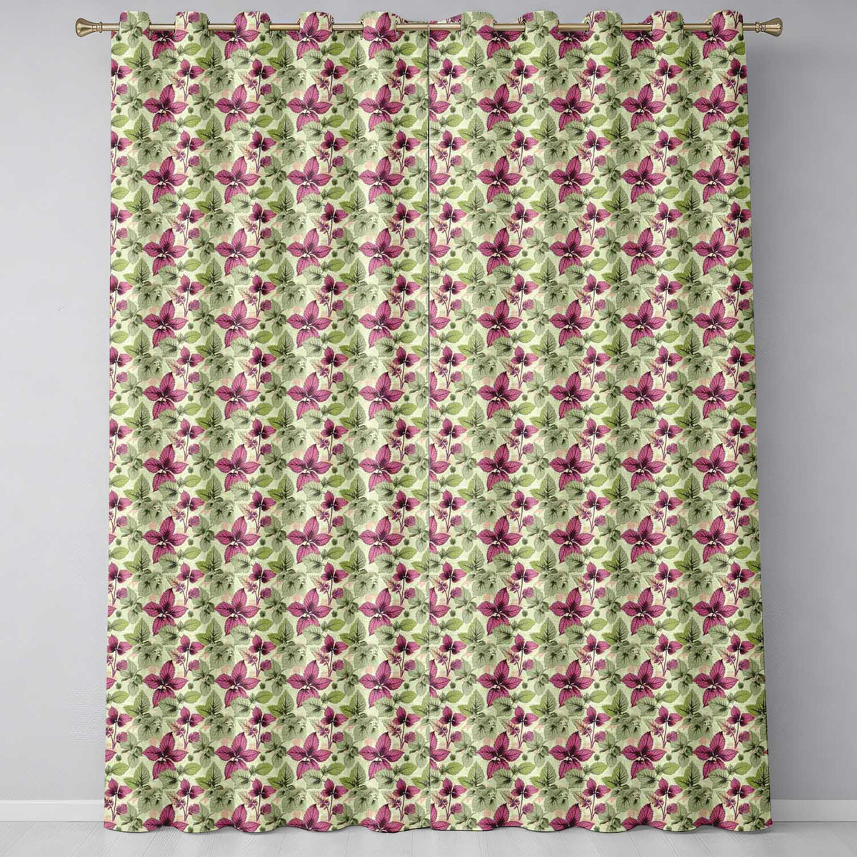Purple Green Botanical Leaves Watercolor Seamless Readymade Eyelet Ring Top Thermal 100% Blackout Curtains