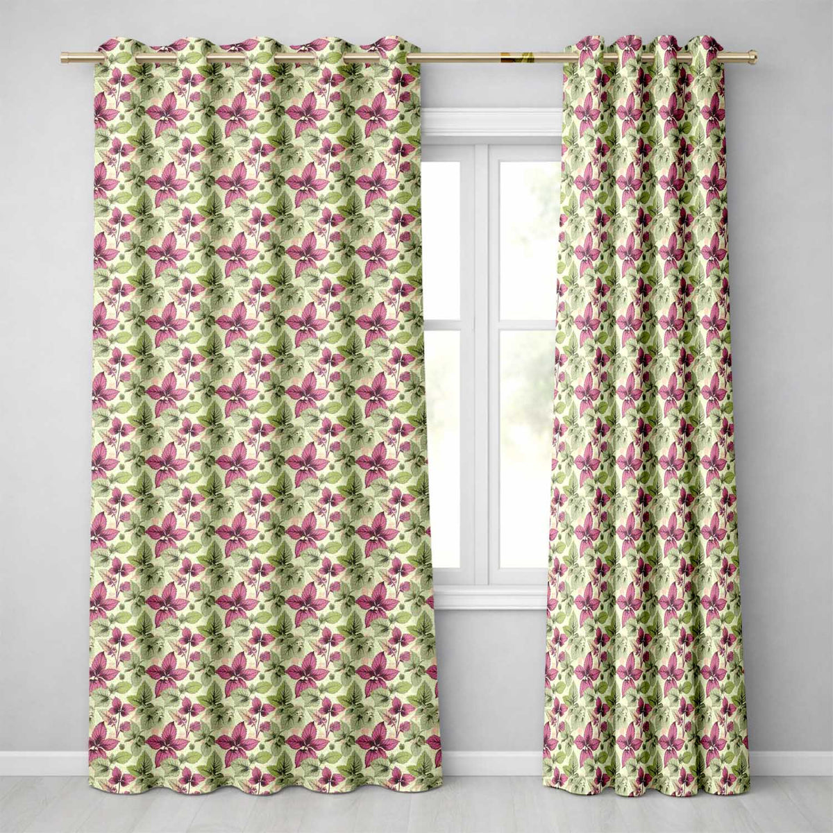 Purple Green Botanical Leaves Watercolor Seamless Readymade Eyelet Ring Top Thermal 100% Blackout Curtains