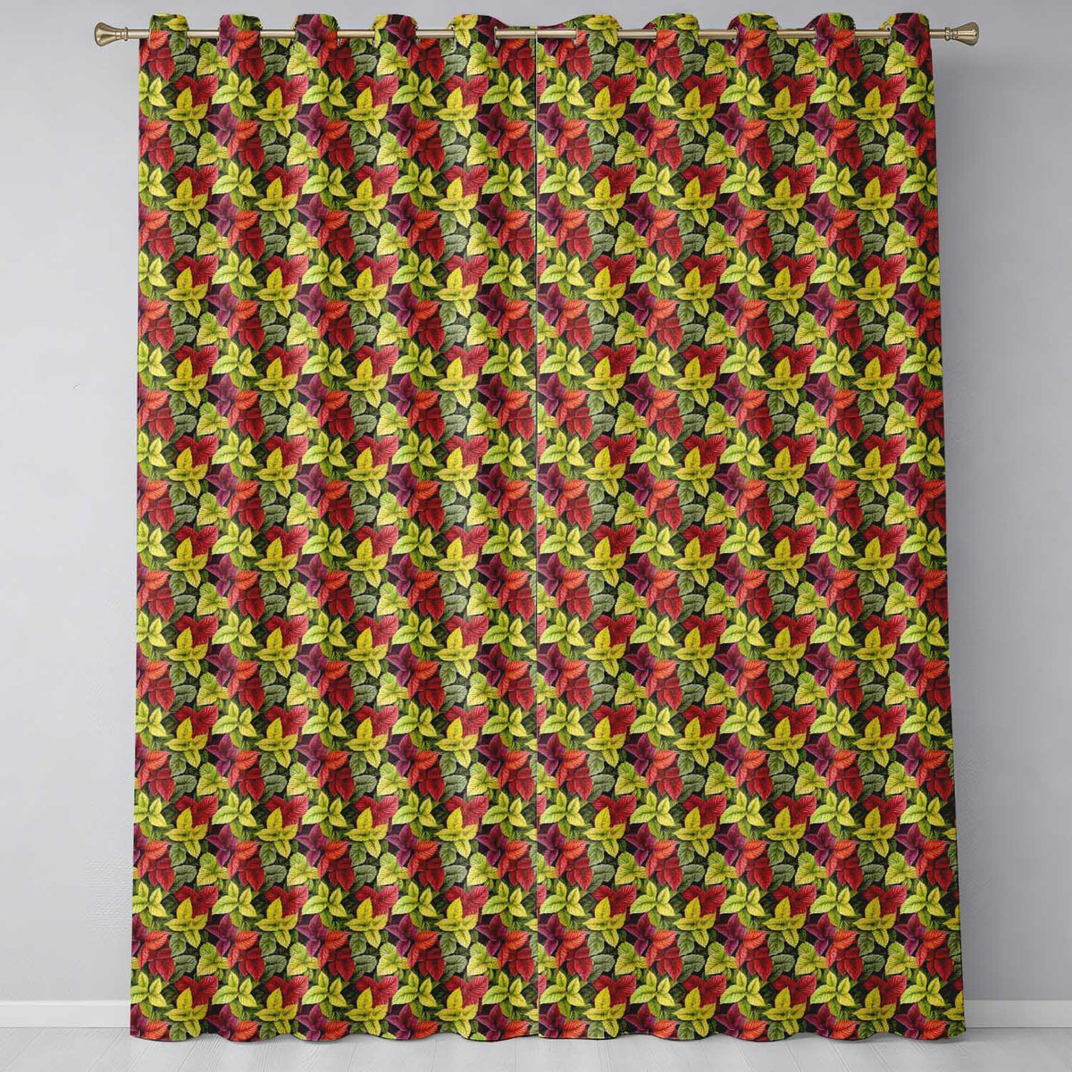 Multicolor Autumn Leaves Dense Seamless Readymade Eyelet Ring Top Thermal 100% Blackout Curtains