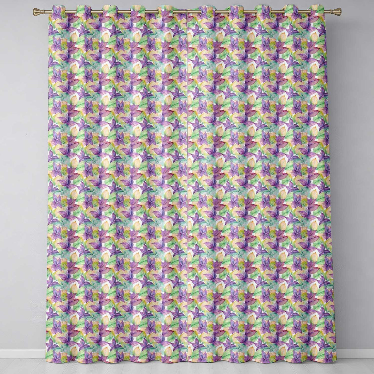 Pink Green Watercolor Leaf Botanical Seamless Readymade Eyelet Ring Top Thermal 100% Blackout Curtains