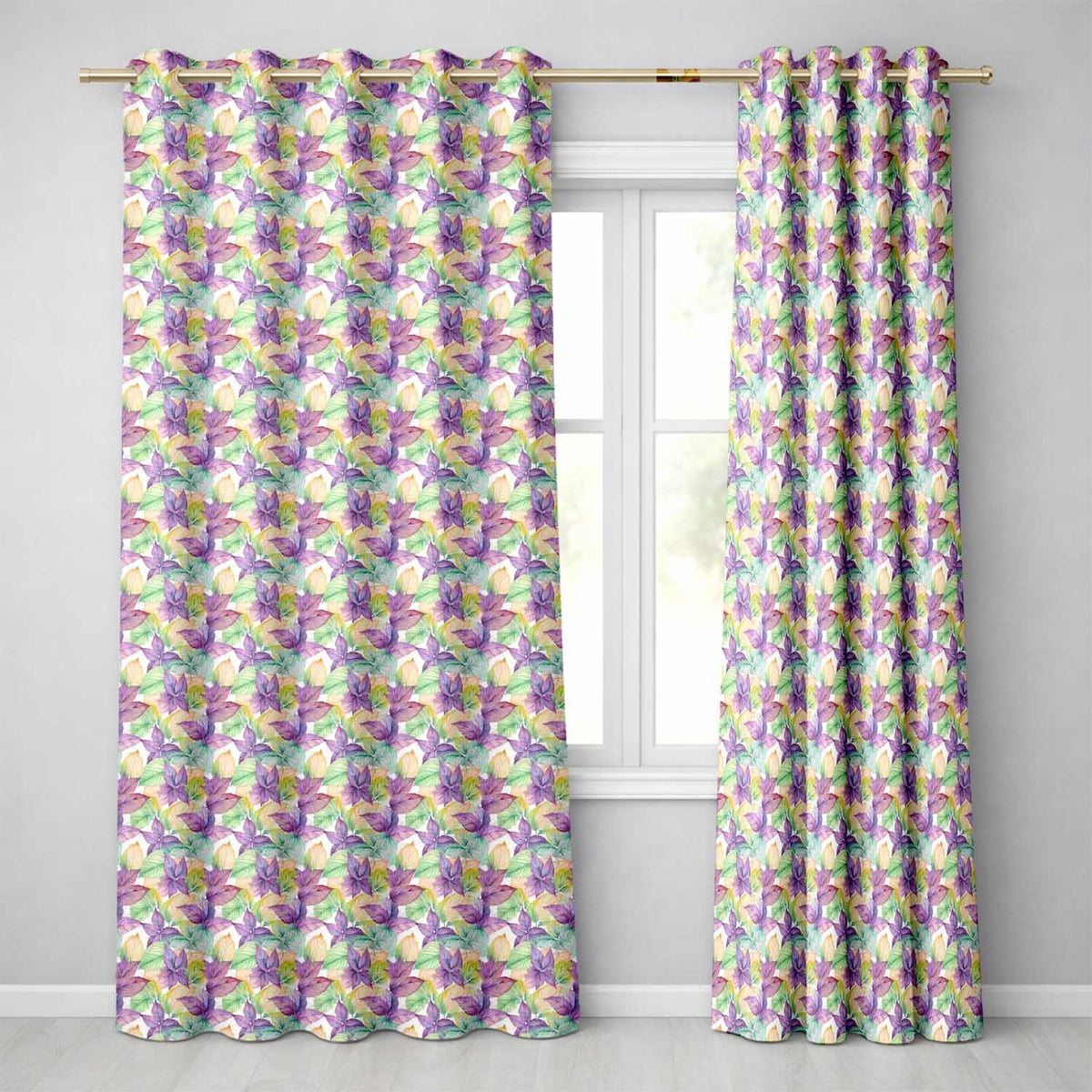 Pink Green Watercolor Leaf Botanical Seamless Readymade Eyelet Ring Top Thermal 100% Blackout Curtains