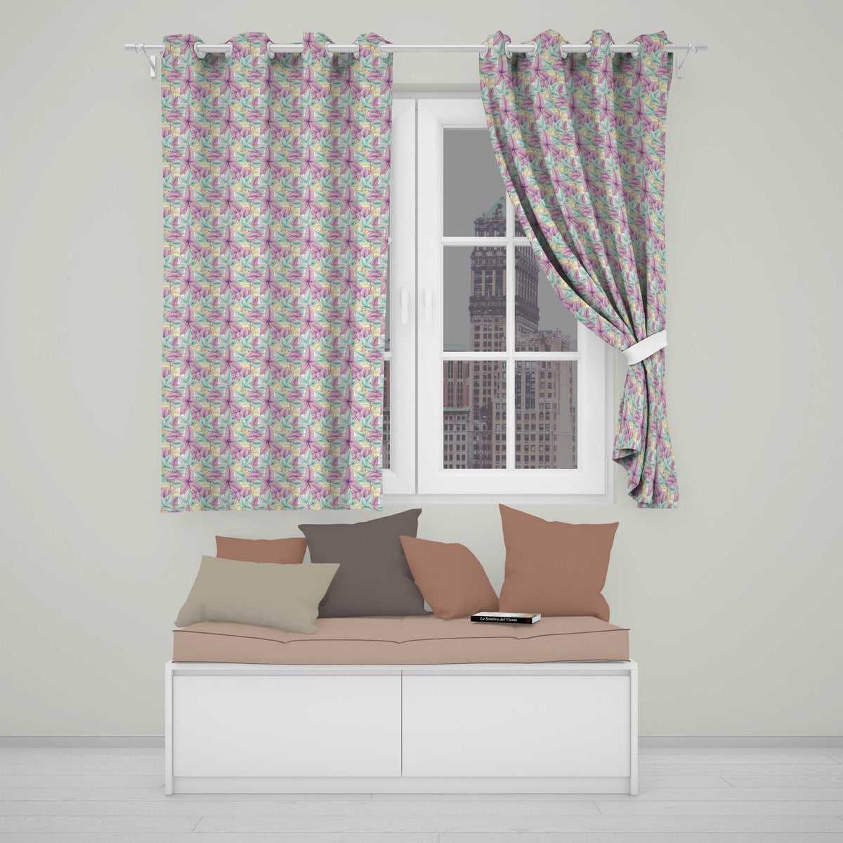 Pastel Purple Leaf Viness Readymade Eyelet Ring Top Thermal 100% Blackout Curtains