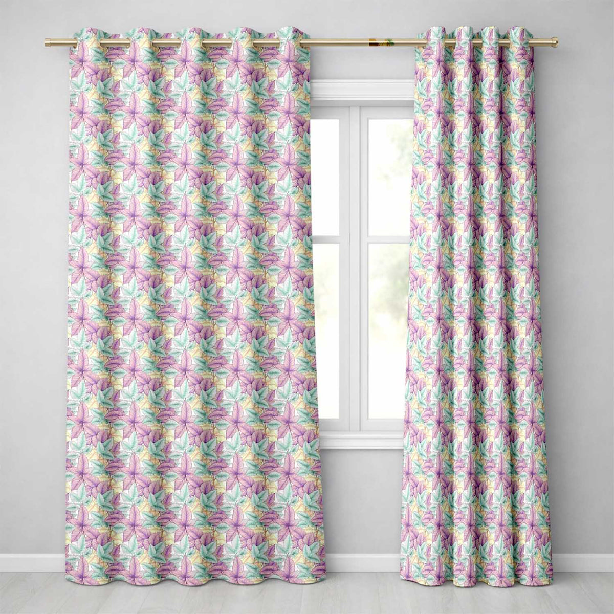 Pastel Purple Leaf Viness Readymade Eyelet Ring Top Thermal 100% Blackout Curtains