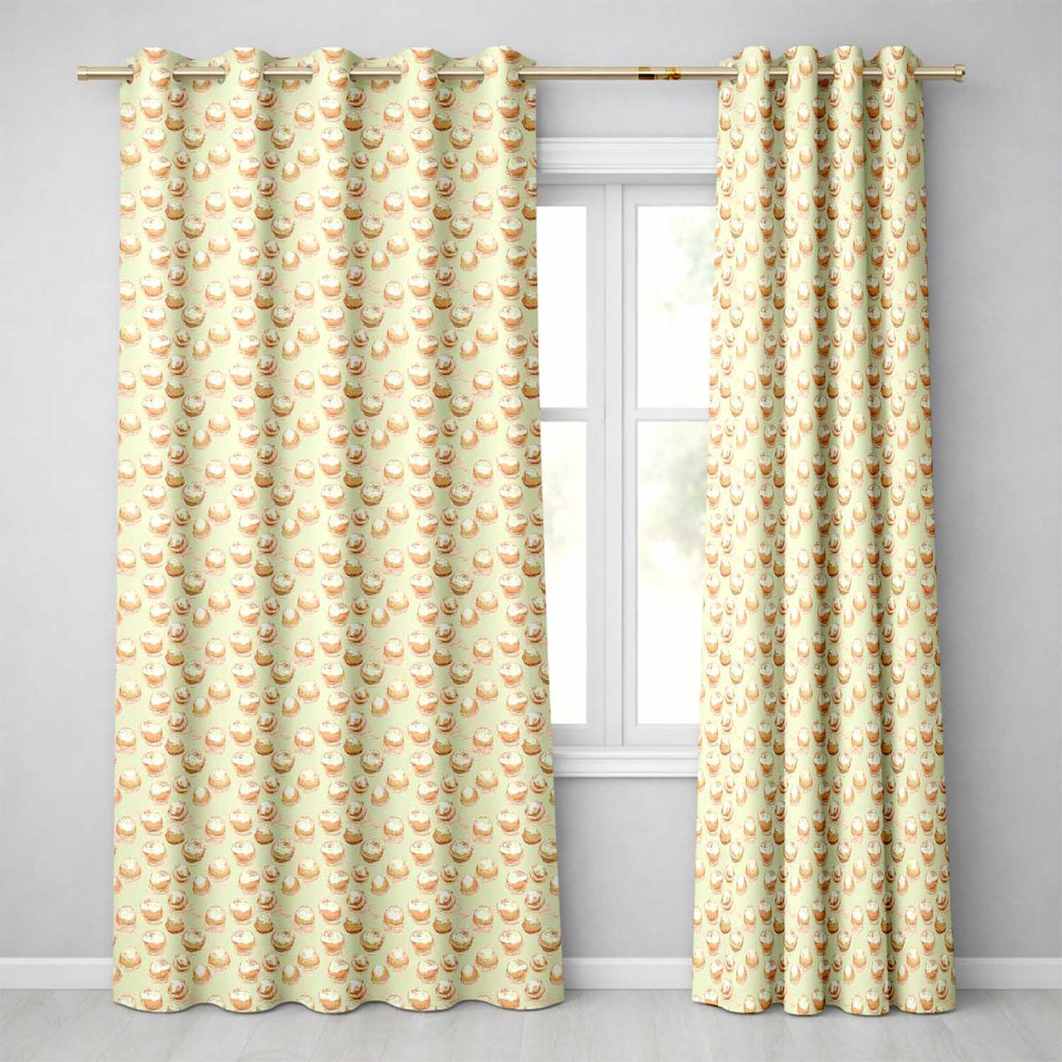 Soft Yellow Cupcake Patterns Readymade Eyelet Ring Top Thermal 100% Blackout Curtains