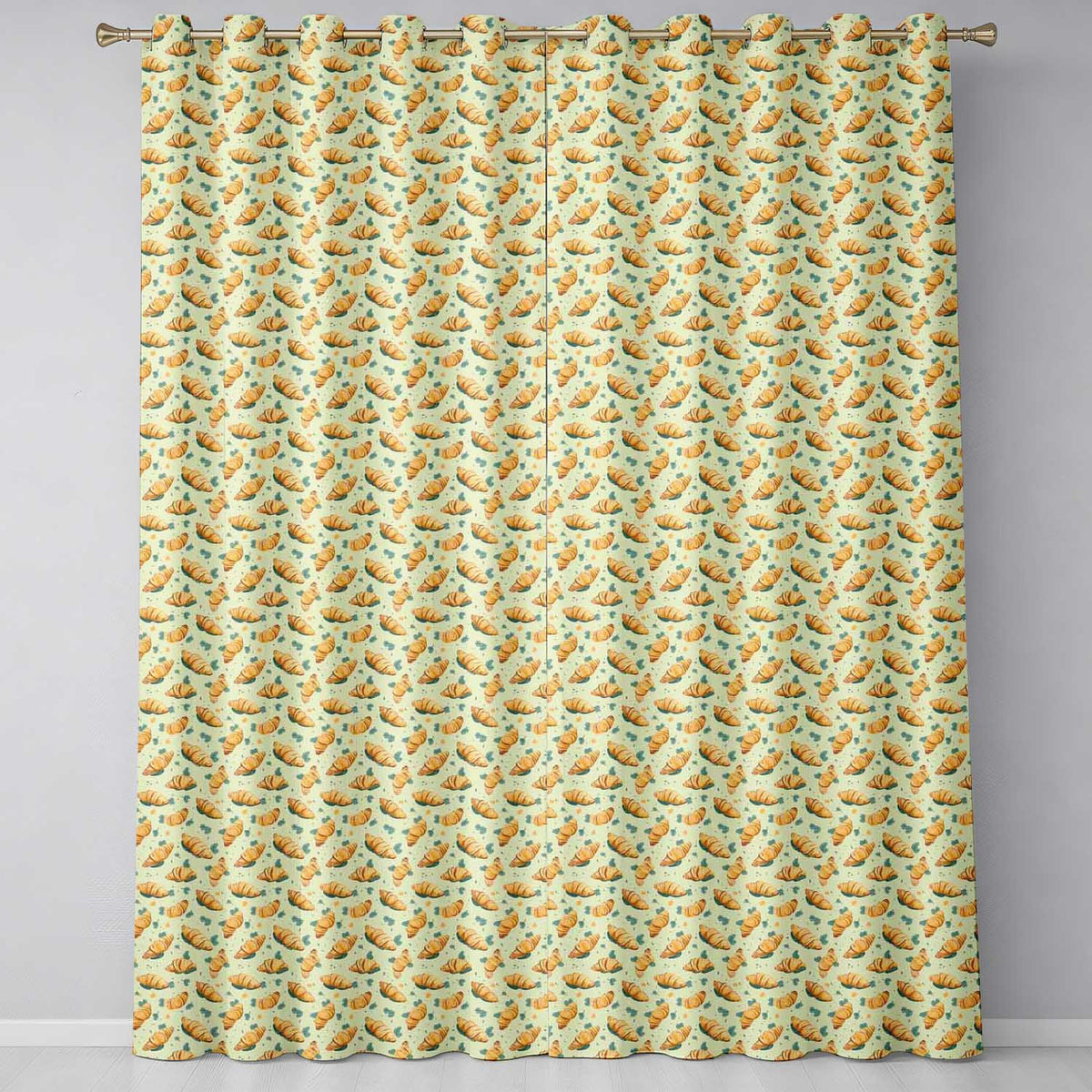 Croissant and Herb Scatter Light Cream Background Seamless Readymade Eyelet Ring Top Thermal 100% Blackout Curtains
