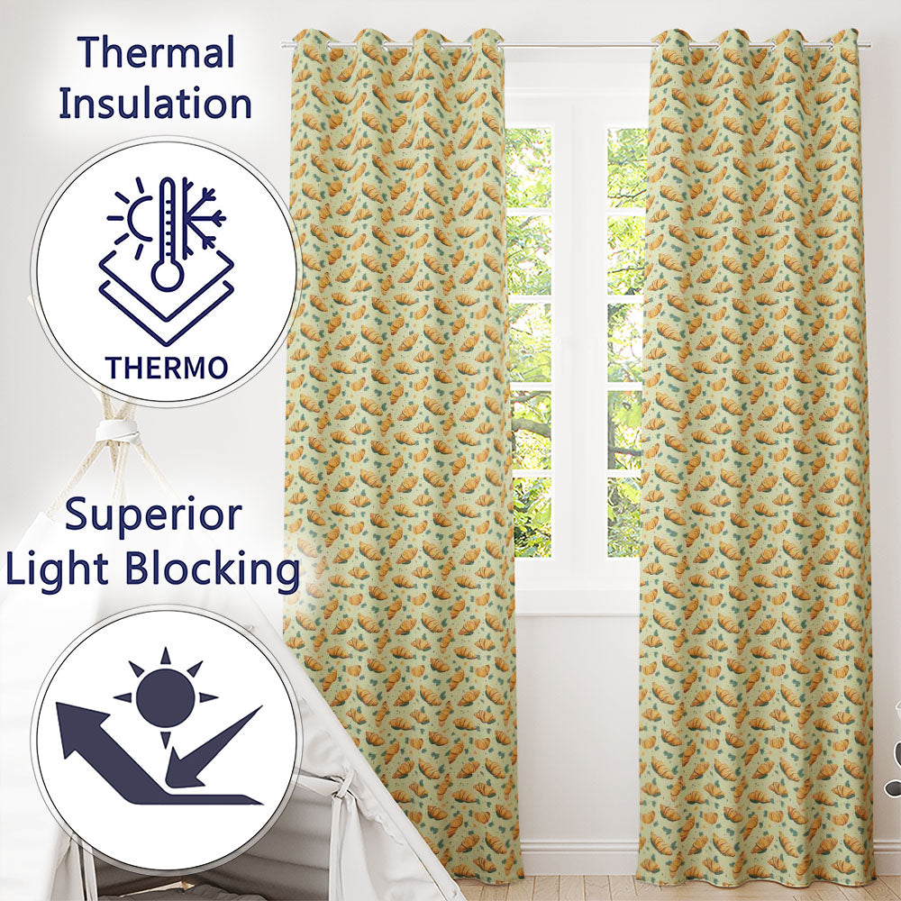 Croissant and Herb Scatter Light Cream Background Seamless Readymade Eyelet Ring Top Thermal 100% Blackout Curtains