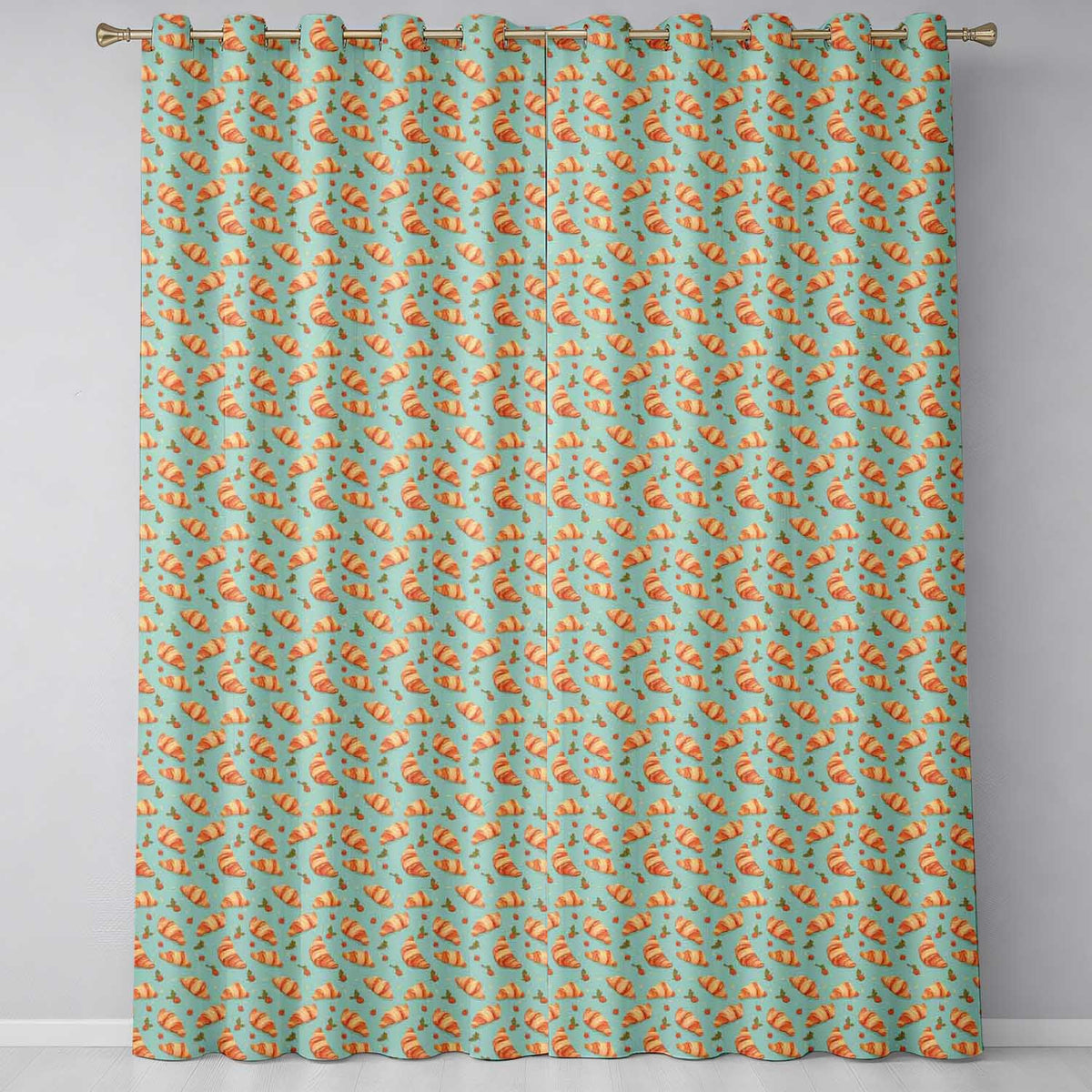 Croissant and Strawberry Playful Teal Background Seamless Readymade Eyelet Ring Top Thermal 100% Blackout Curtains