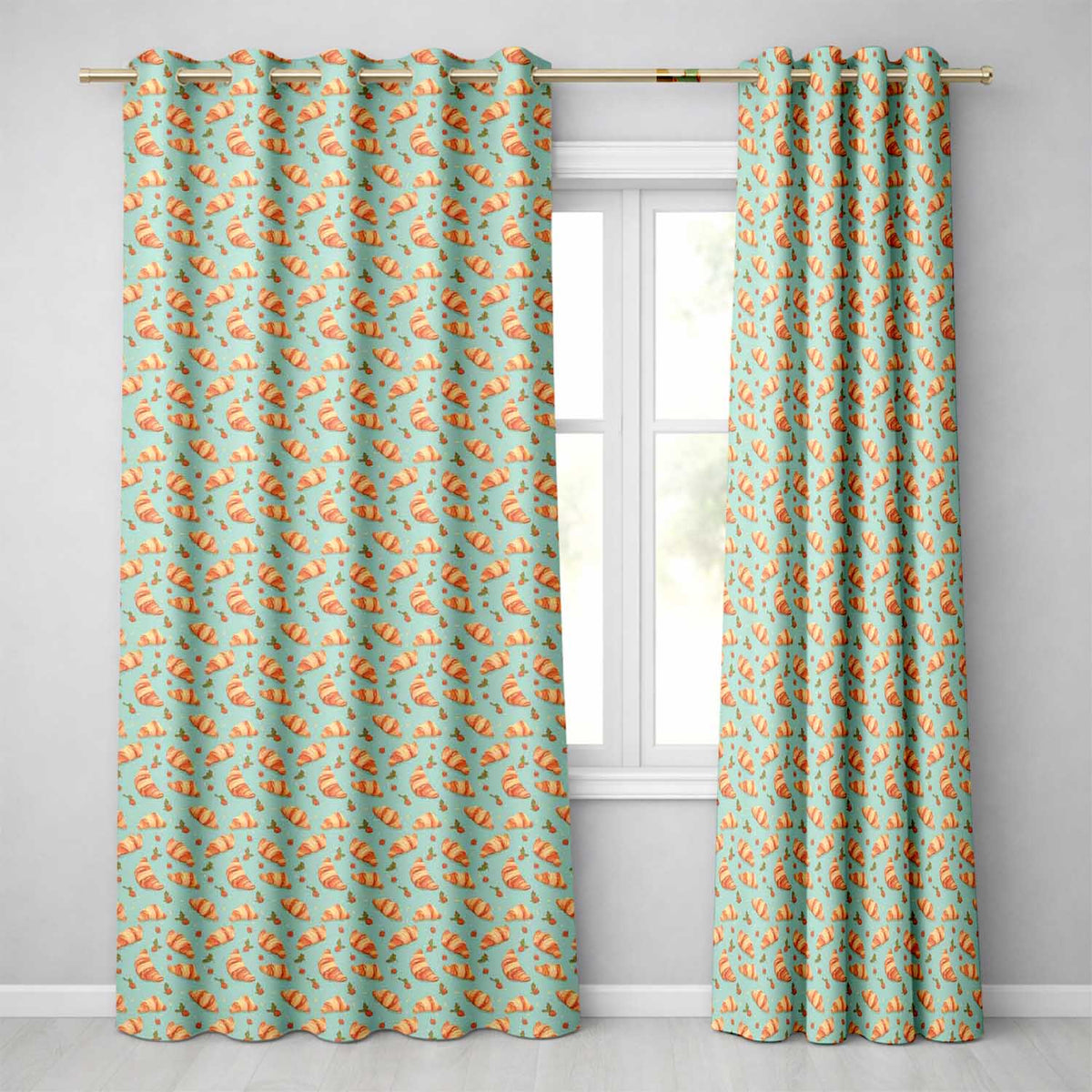 Croissant and Strawberry Playful Teal Background Seamless Readymade Eyelet Ring Top Thermal 100% Blackout Curtains