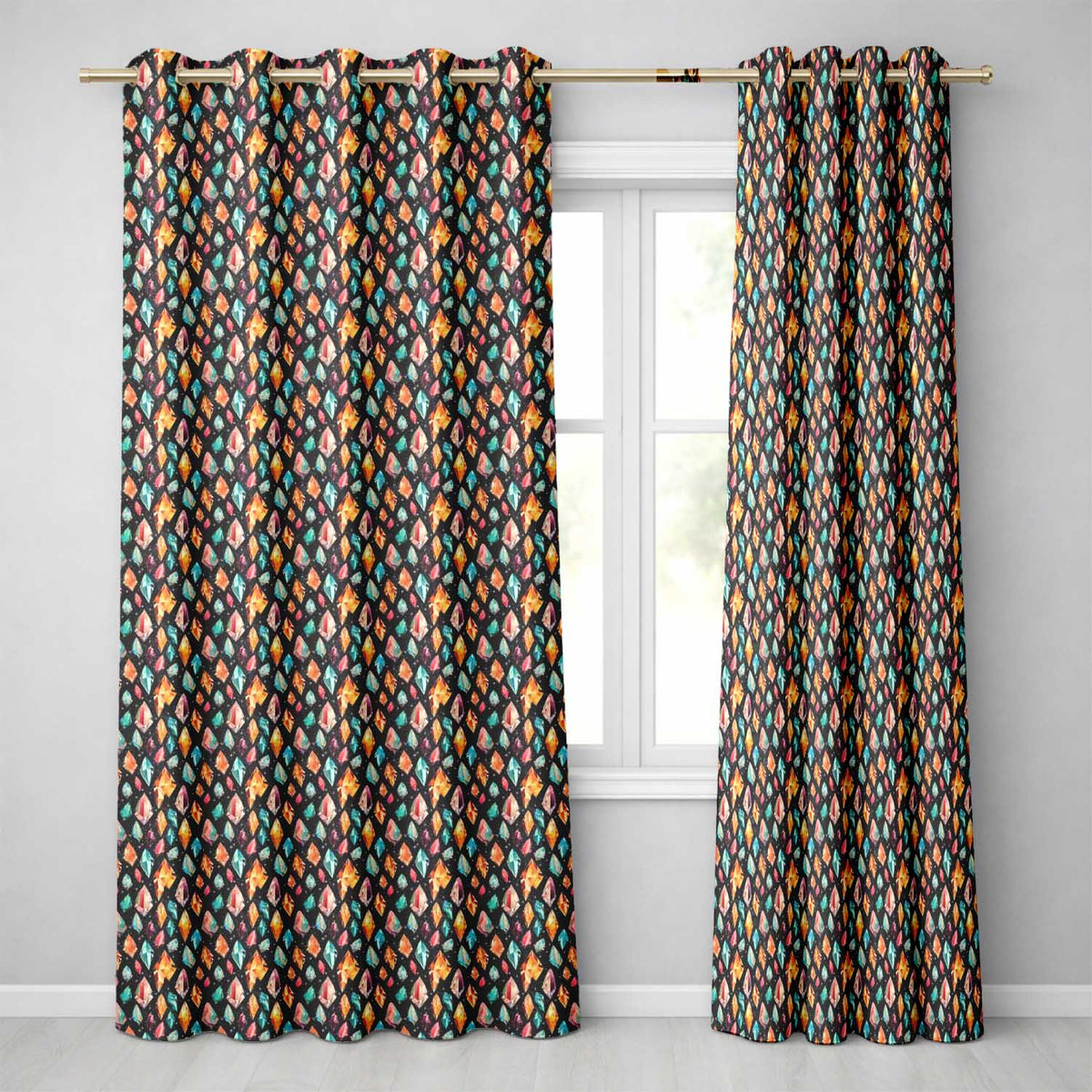 Colorful Crystal Gemstone Dark Galaxy Background Fantasy Illustration Readymade Eyelet Ring Top Thermal 100% Blackout Curtains