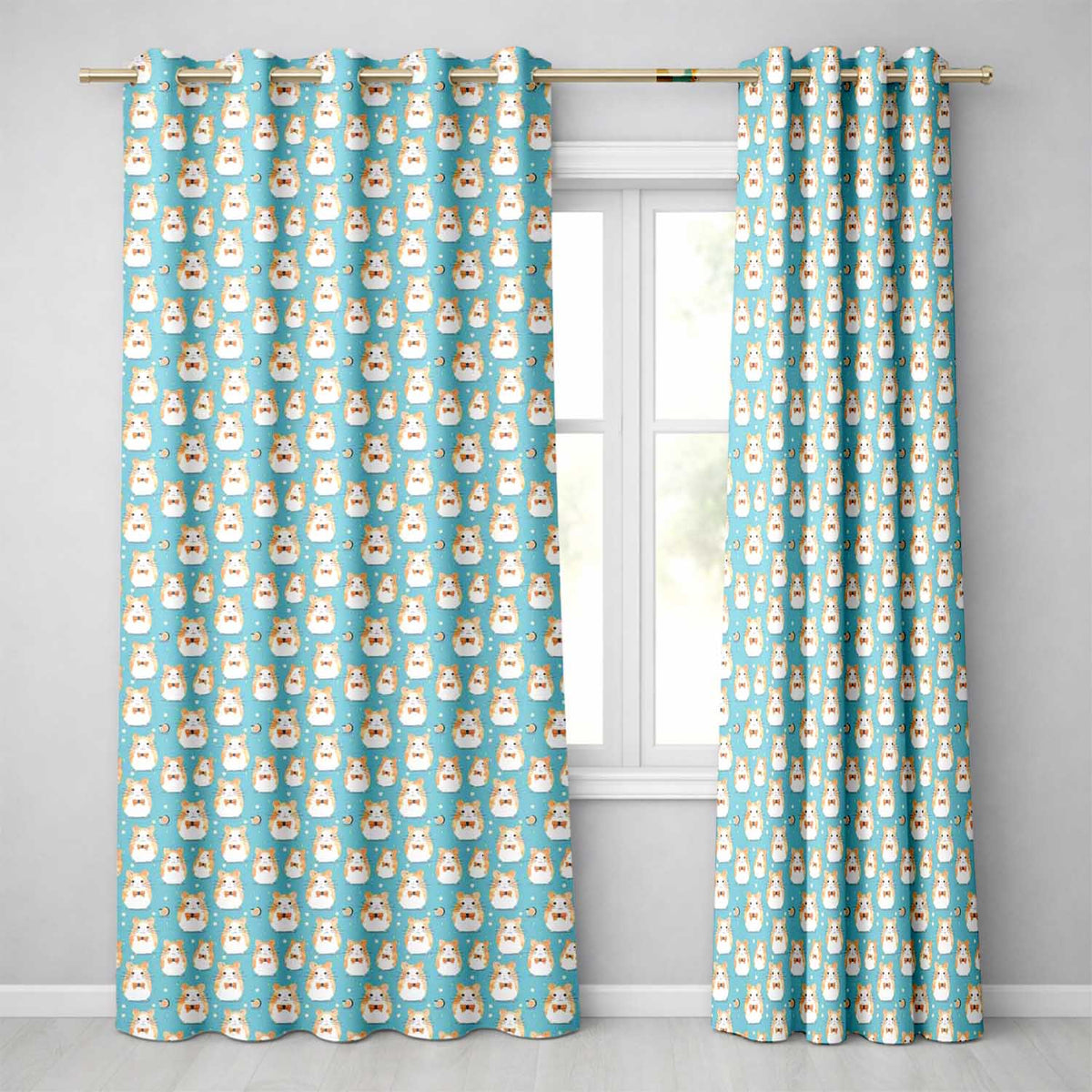Cartoon Hamster Bow Tie Teal Seamless Pattern Readymade Eyelet Ring Top Thermal 100% Blackout Curtains