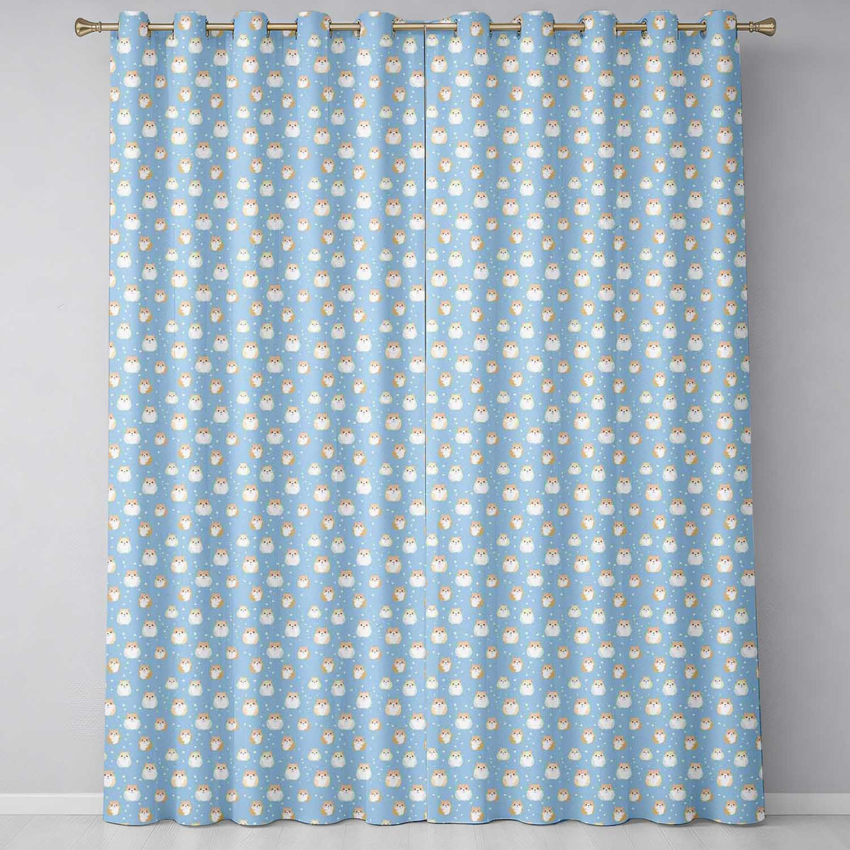 Light Blue Hamster Snowfall Seamless Pattern Readymade Eyelet Ring Top Thermal 100% Blackout Curtains