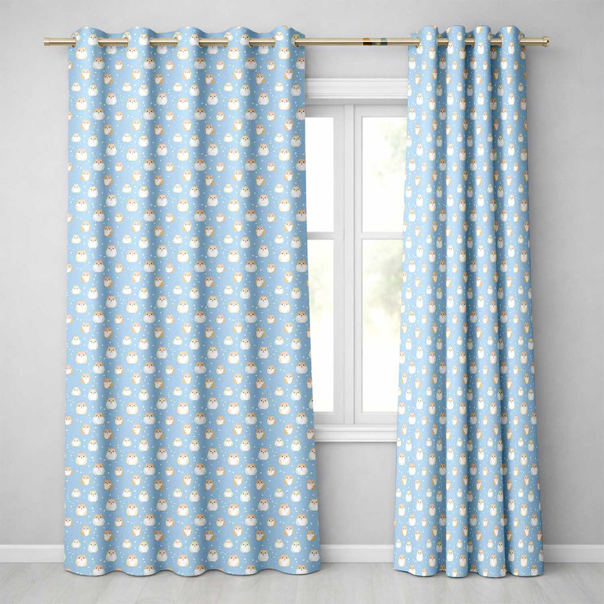 Light Blue Hamster Snowfall Seamless Pattern Readymade Eyelet Ring Top Thermal 100% Blackout Curtains