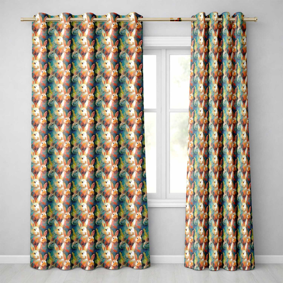 Colorful Artistic Bunny Abstract Seamless Readymade Eyelet Ring Top Thermal 100% Blackout Curtains