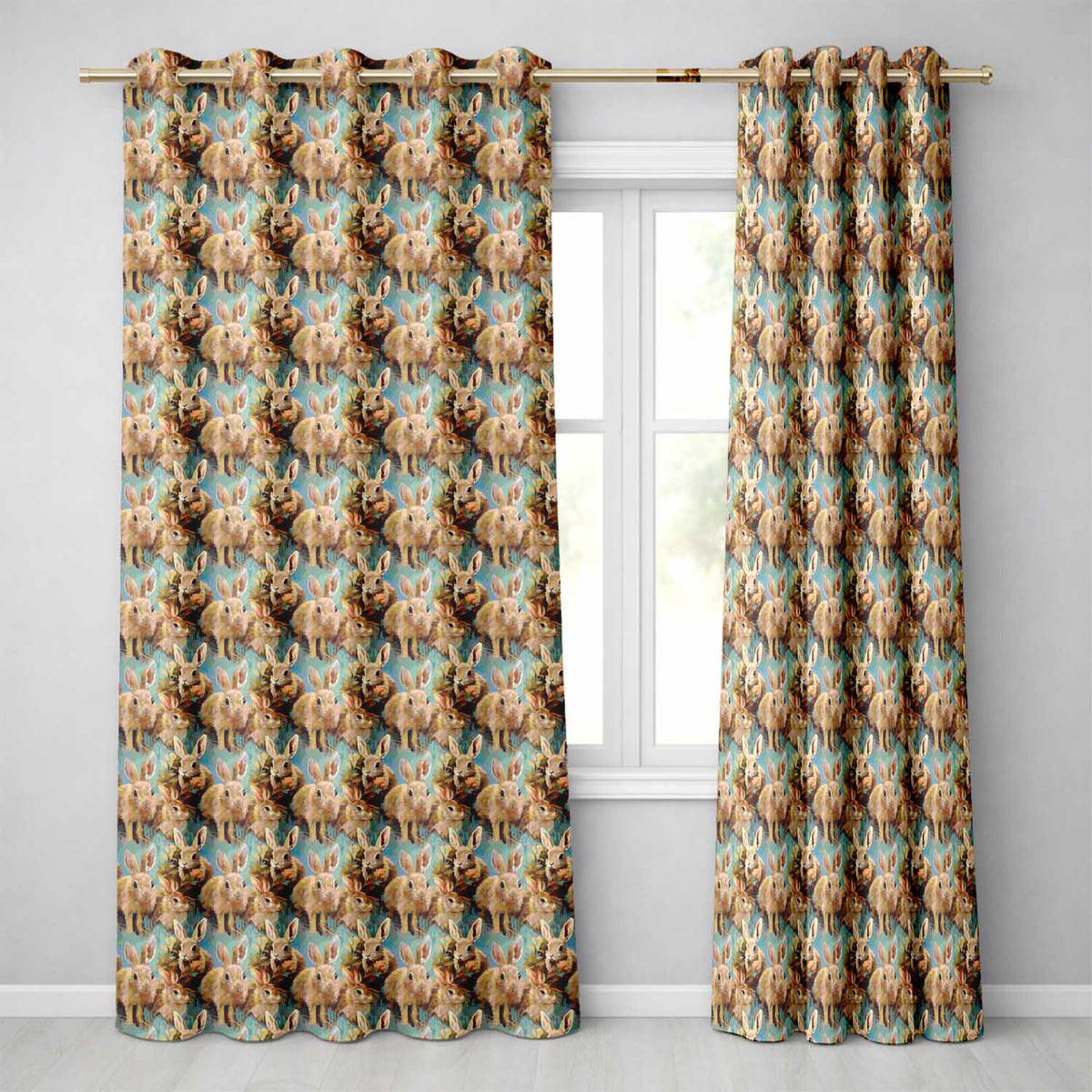 Vintage Style Brown Rabbit Garden Illustration Seamless Readymade Eyelet Ring Top Thermal 100% Blackout Curtains