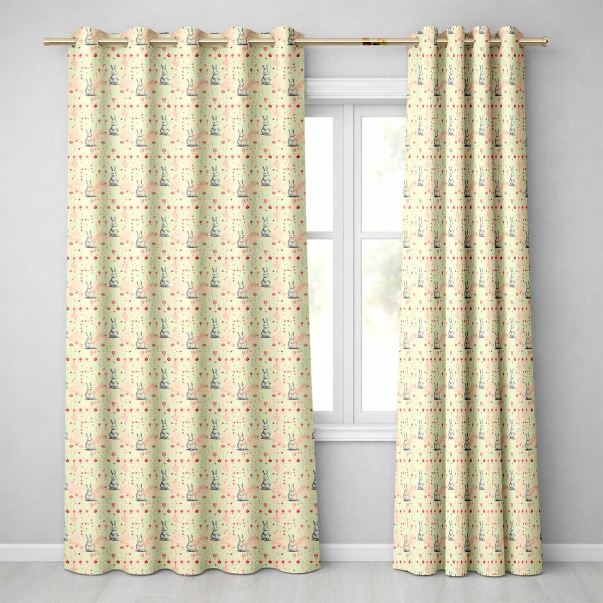 Delicate Grey Bunny Floral Hearts Vintage Seamless Readymade Eyelet Ring Top Thermal 100% Blackout Curtains