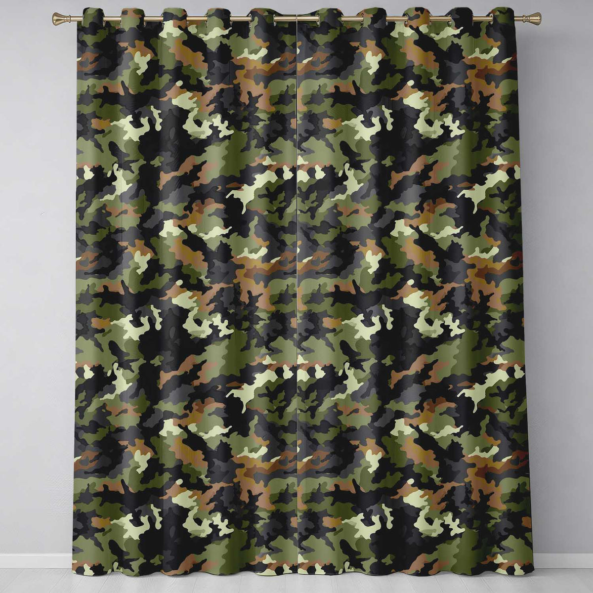 Classic Green Brown Army Camouflage Seamless Readymade Eyelet Ring Top Thermal 100% Blackout Curtains