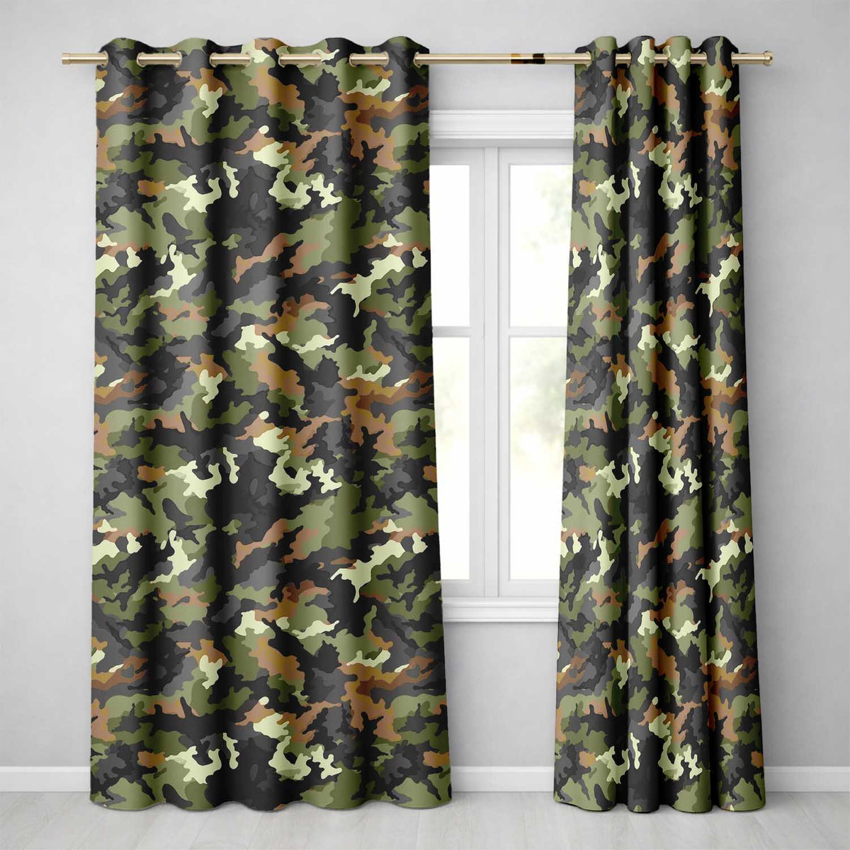 Classic Green Brown Army Camouflage Seamless Readymade Eyelet Ring Top Thermal 100% Blackout Curtains