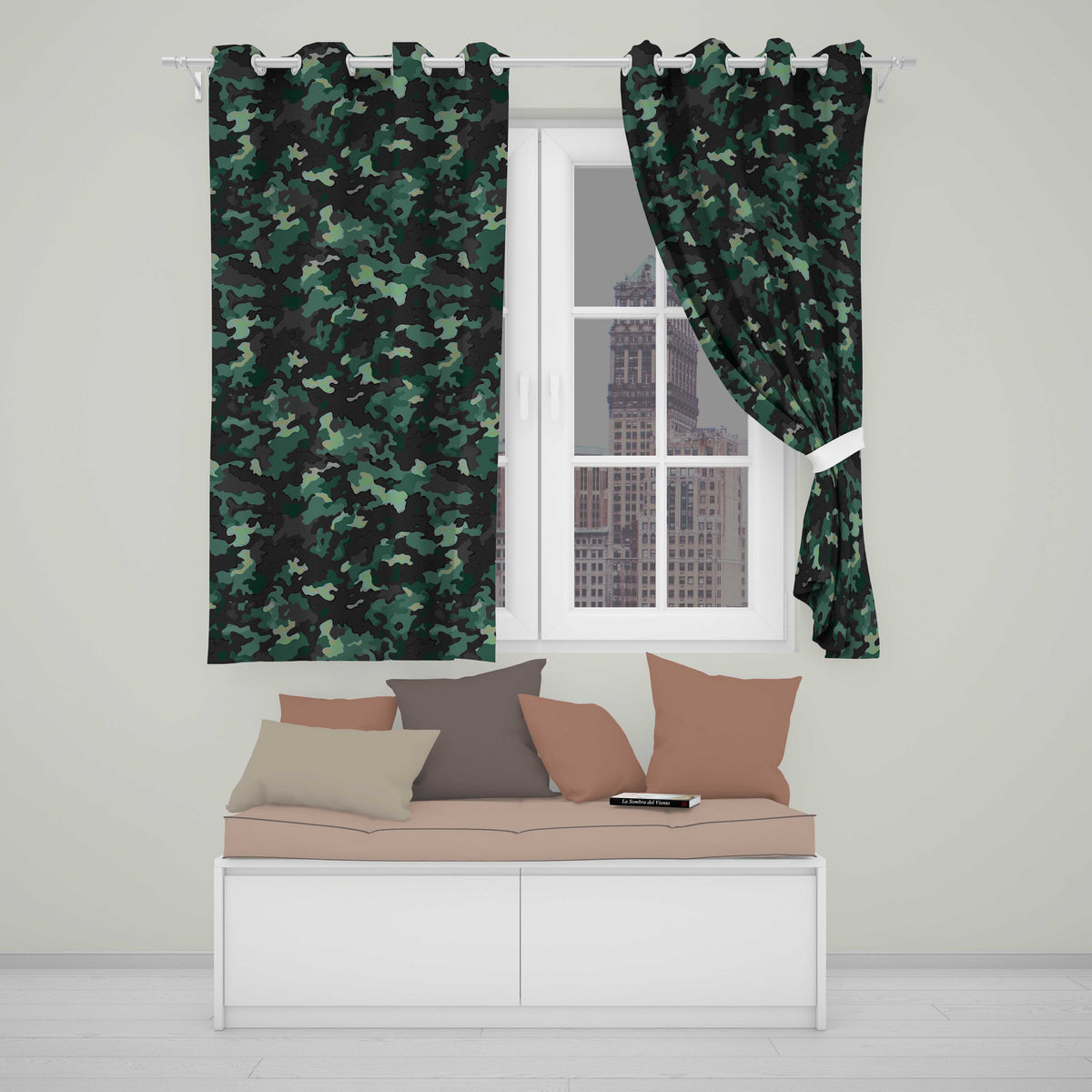 Deep Forest Green Camouflage Modern Seamless Readymade Eyelet Ring Top Thermal 100% Blackout Curtains