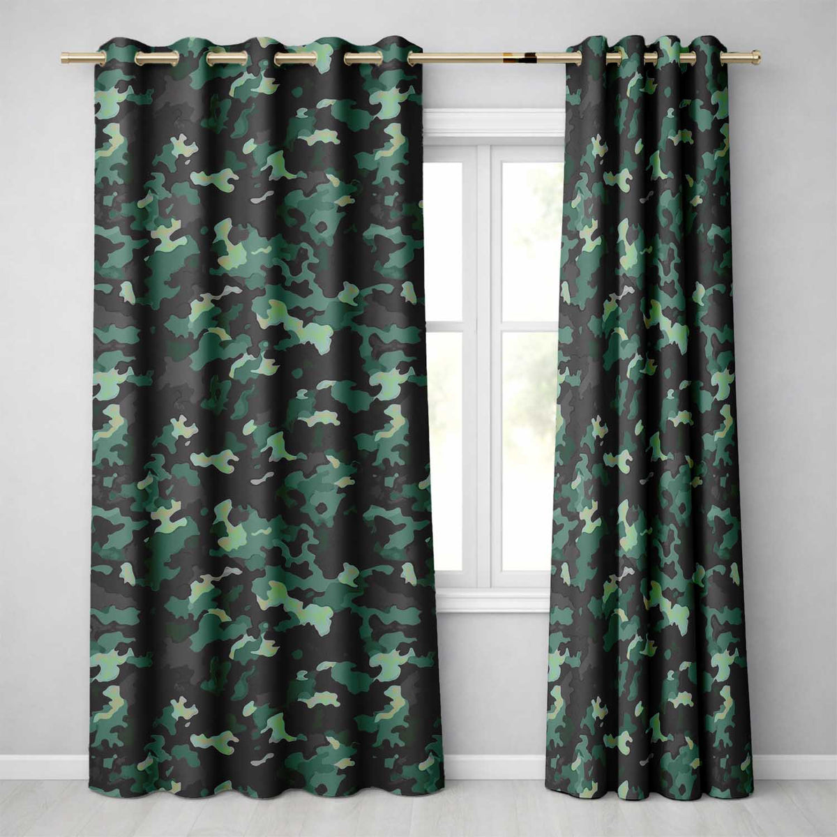 Deep Forest Green Camouflage Modern Seamless Readymade Eyelet Ring Top Thermal 100% Blackout Curtains