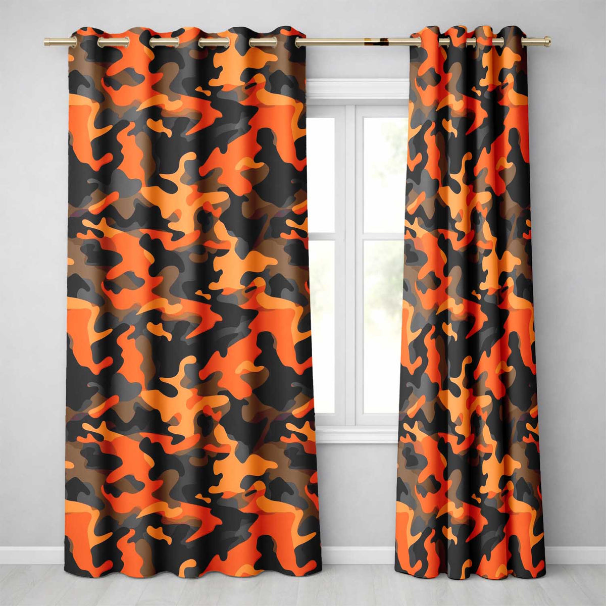 Orange Black Urban Camouflage Bold Seamless Readymade Eyelet Ring Top Thermal 100% Blackout Curtains
