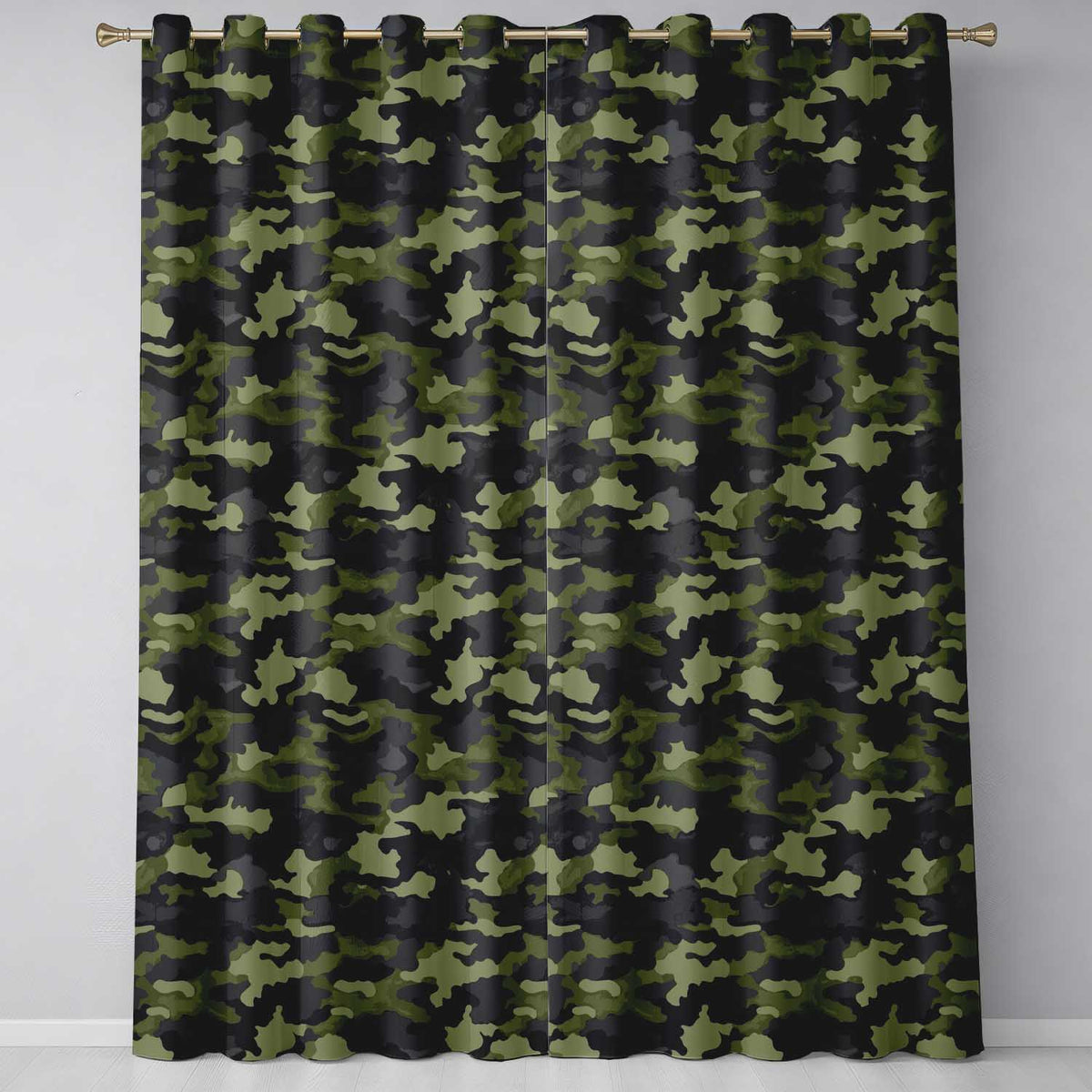 Dark Green Military Camouflage Seamless Readymade Eyelet Ring Top Thermal 100% Blackout Curtains