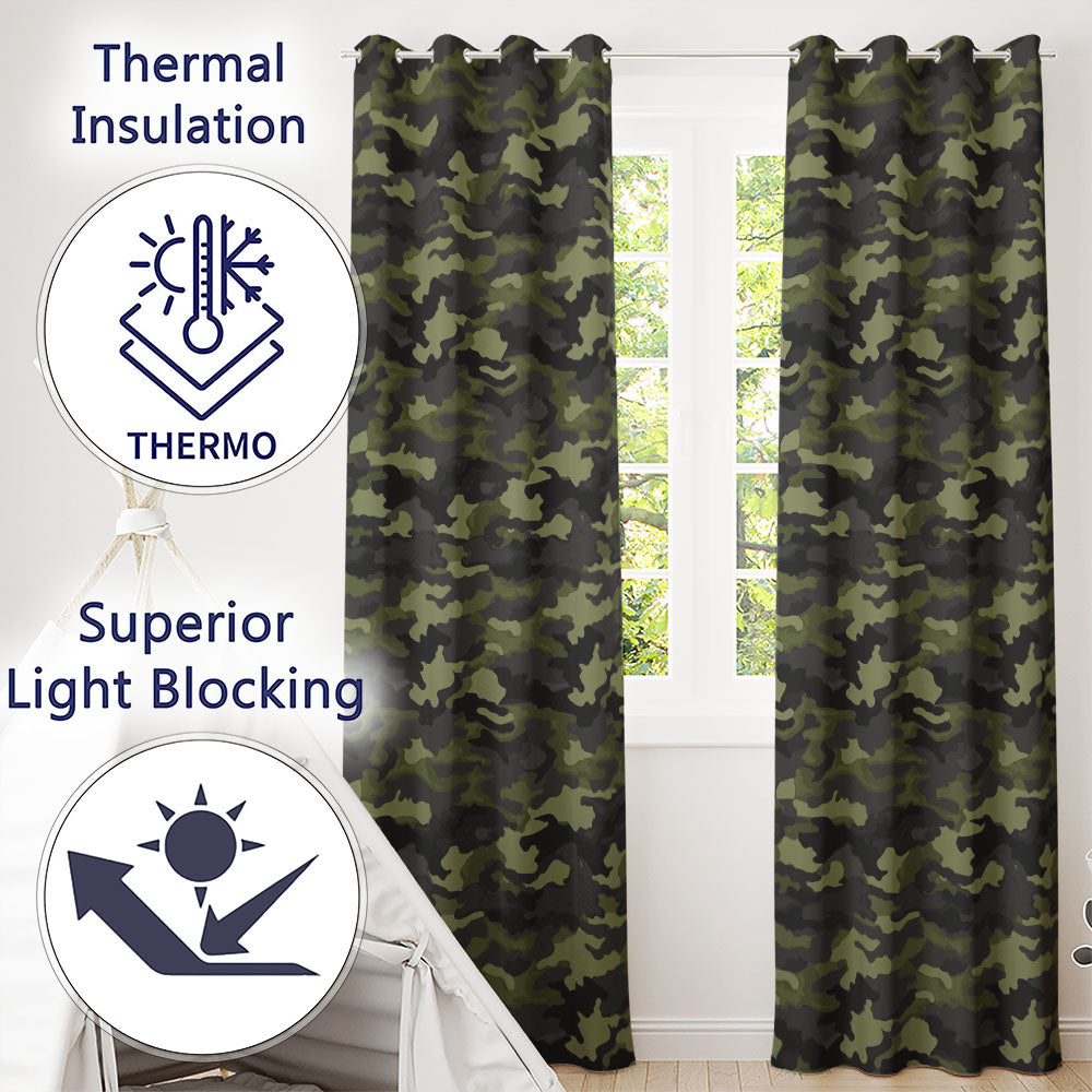 Dark Green Military Camouflage Seamless Readymade Eyelet Ring Top Thermal 100% Blackout Curtains