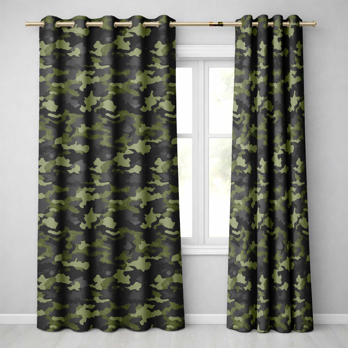 Dark Green Military Camouflage Seamless Readymade Eyelet Ring Top Thermal 100% Blackout Curtains
