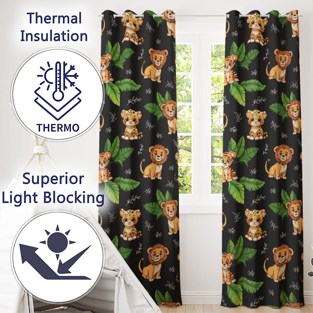 Jungle Animals Dark Background Seamless Readymade Eyelet Ring Top Thermal 100% Blackout Curtains