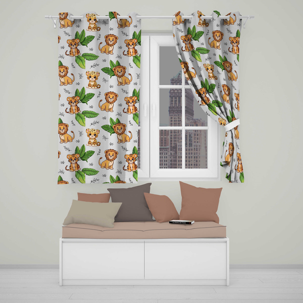 Jungle Animals Lion Tiger Leopard Neutral Background Tropical Leaves Readymade Eyelet Ring Top Thermal 100% Blackout Curtains