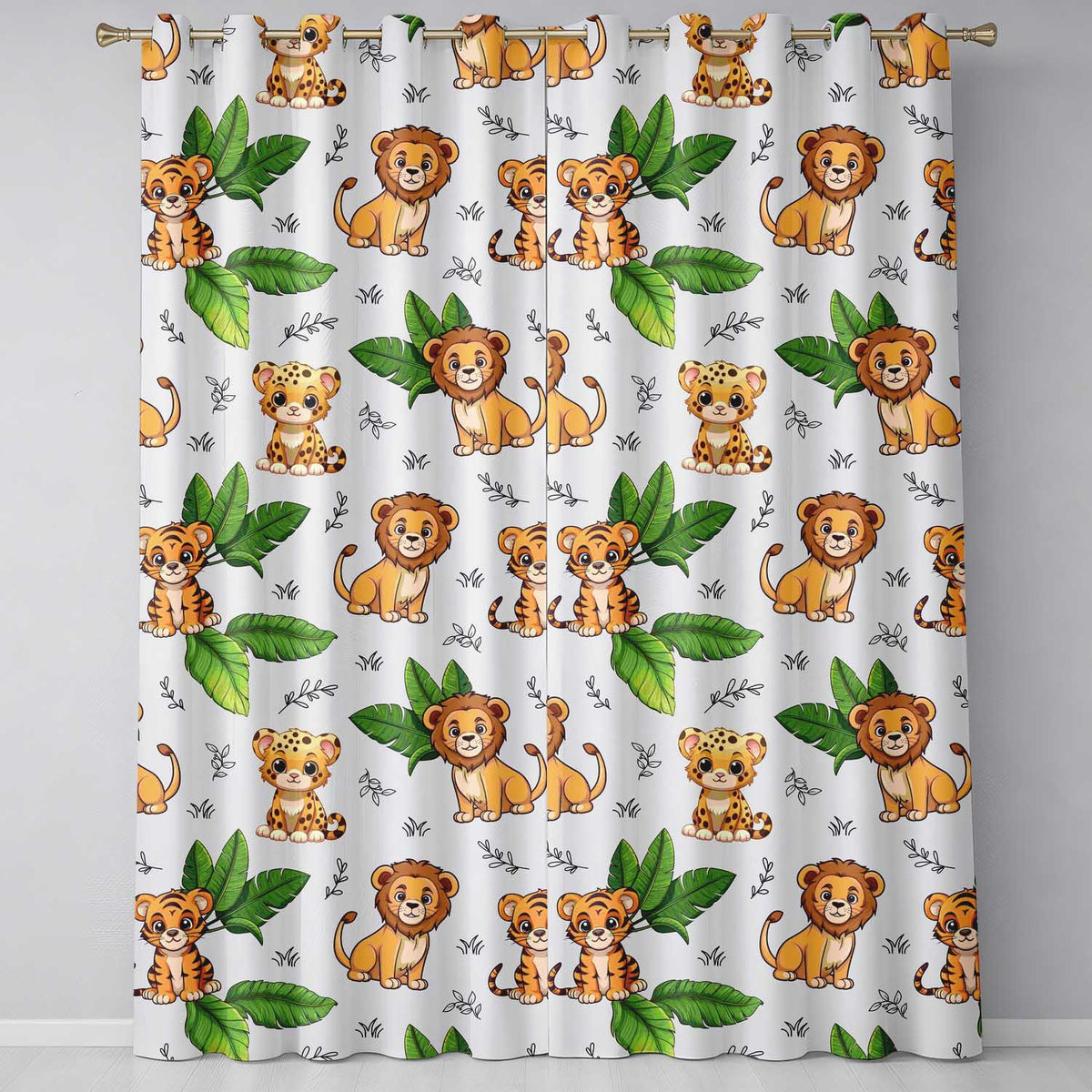 Jungle Animals Lion Tiger Leopard Neutral Background Tropical Leaves Readymade Eyelet Ring Top Thermal 100% Blackout Curtains