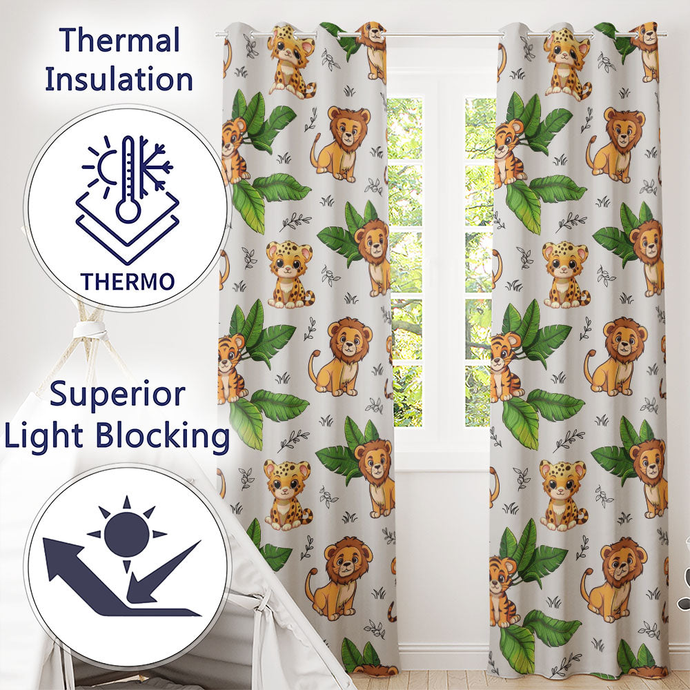 Jungle Animals Lion Tiger Leopard Neutral Background Tropical Leaves Readymade Eyelet Ring Top Thermal 100% Blackout Curtains