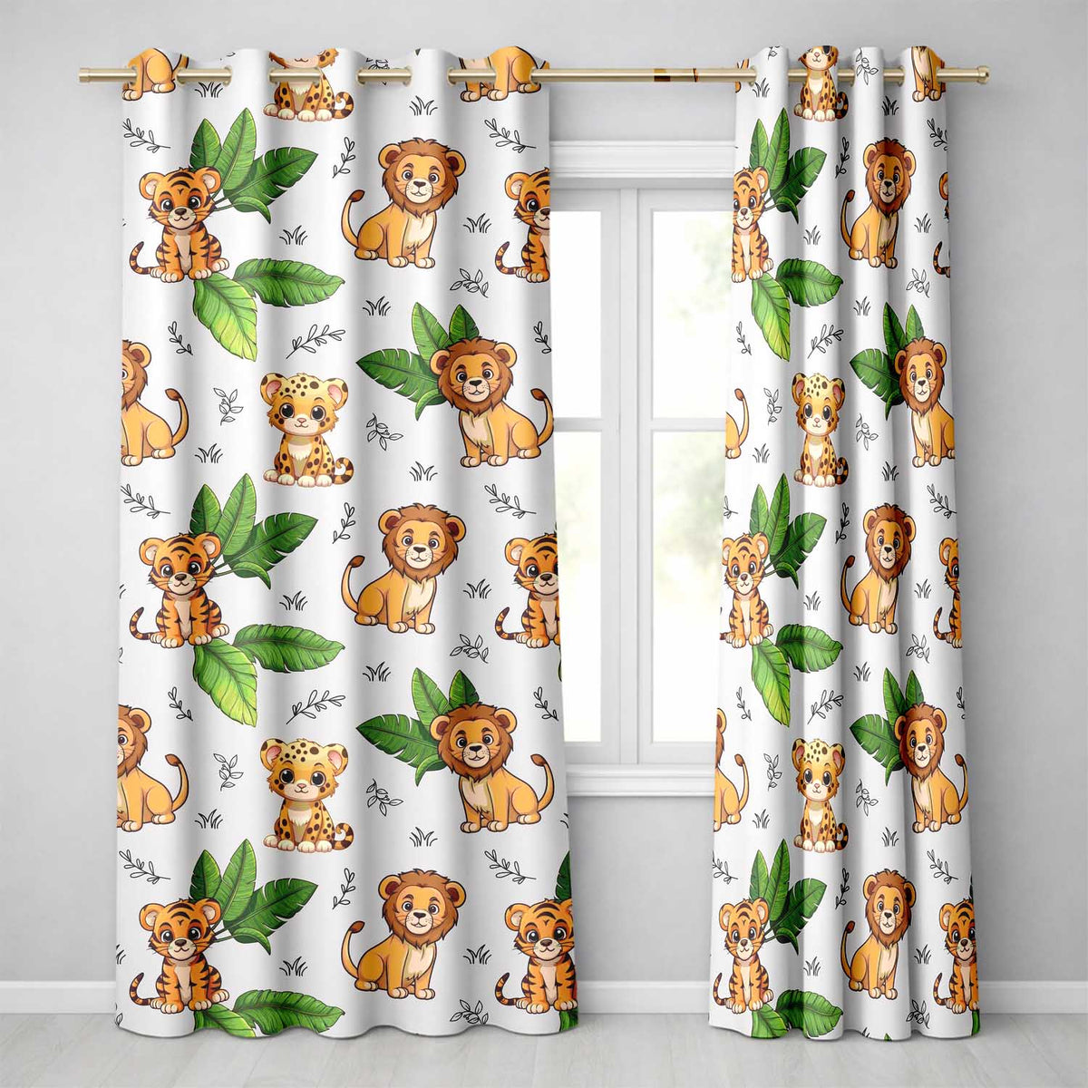 Jungle Animals Lion Tiger Leopard Neutral Background Tropical Leaves Readymade Eyelet Ring Top Thermal 100% Blackout Curtains
