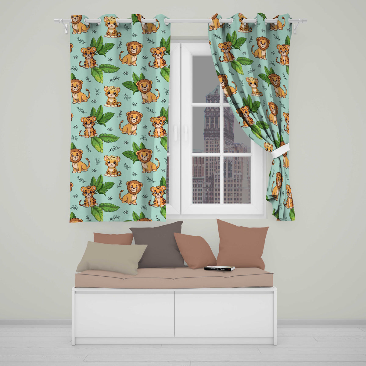 Jungle Animals Lion Tiger Leopard Teal Background Tropical Leaves Readymade Eyelet Ring Top Thermal 100% Blackout Curtains