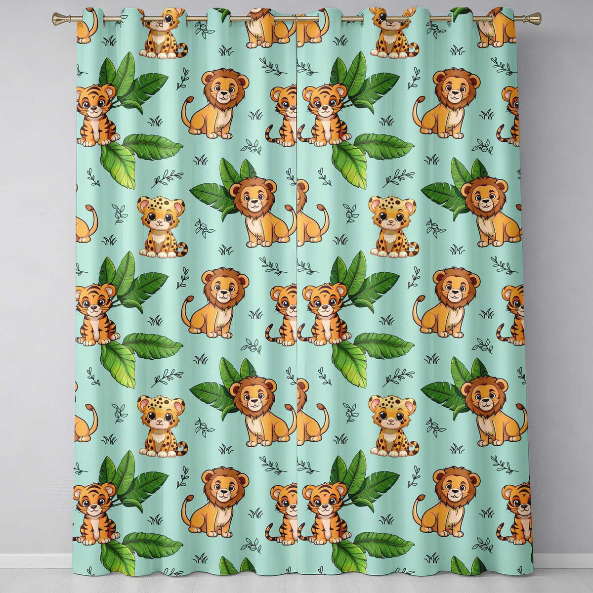 Jungle Animals Lion Tiger Leopard Teal Background Tropical Leaves Readymade Eyelet Ring Top Thermal 100% Blackout Curtains