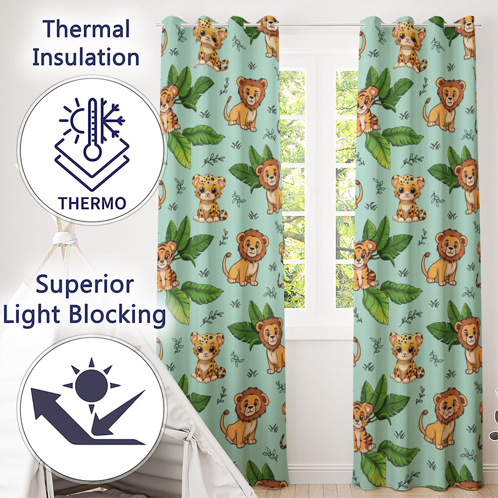 Jungle Animals Lion Tiger Leopard Teal Background Tropical Leaves Readymade Eyelet Ring Top Thermal 100% Blackout Curtains