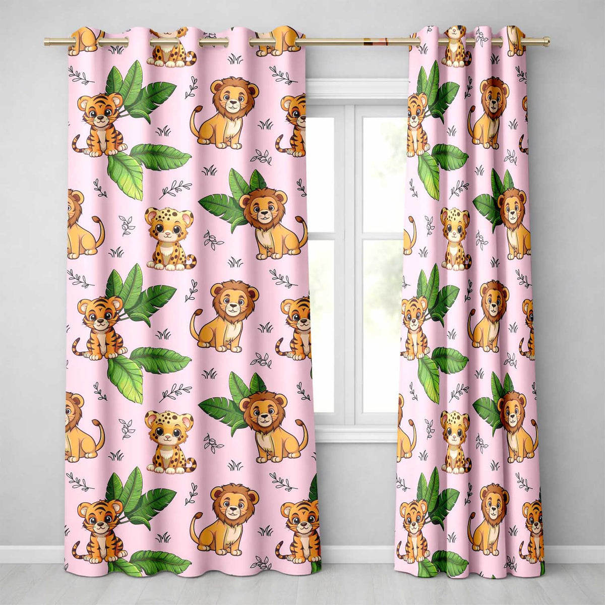 Jungle Animals Lion Tiger Leopard Pink Background Tropical Leaves Readymade Eyelet Ring Top Thermal 100% Blackout Curtains