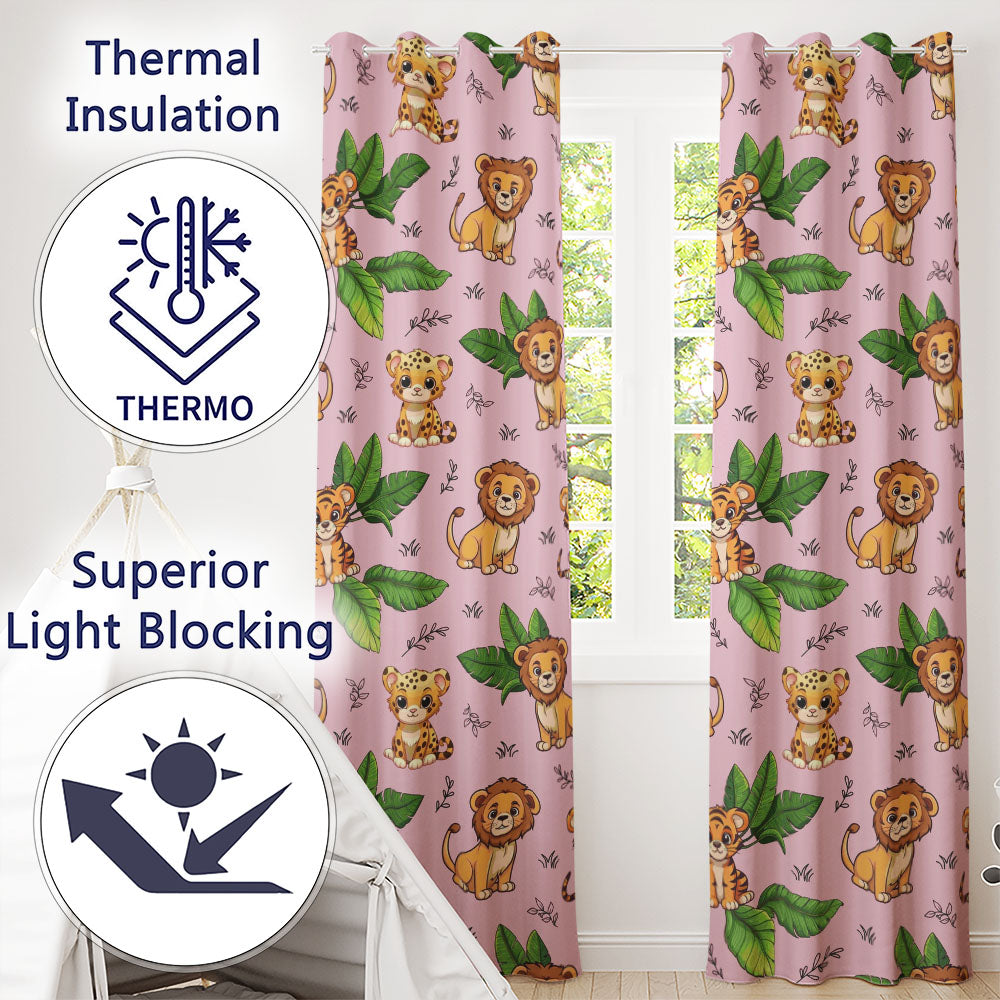 Jungle Animals Lion Tiger Leopard Blush Pink Background Tropical Leaves Readymade Eyelet Ring Top Thermal 100% Blackout Curtains