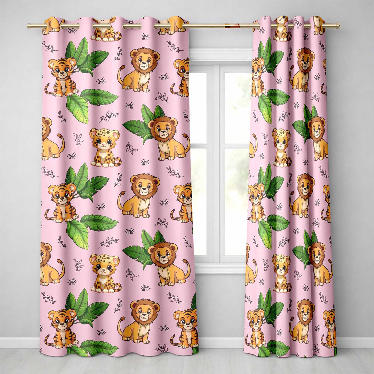 Jungle Animals Lion Tiger Leopard Blush Pink Background Tropical Leaves Readymade Eyelet Ring Top Thermal 100% Blackout Curtains