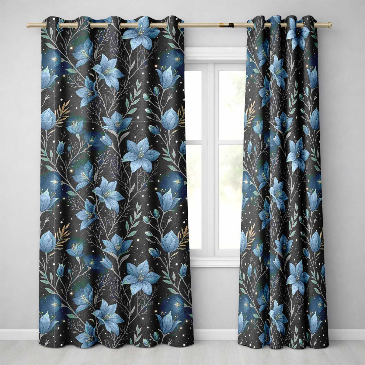 Blue Floral Night Sky Stars Botanical Seamless Readymade Eyelet Ring Top Thermal 100% Blackout Curtains